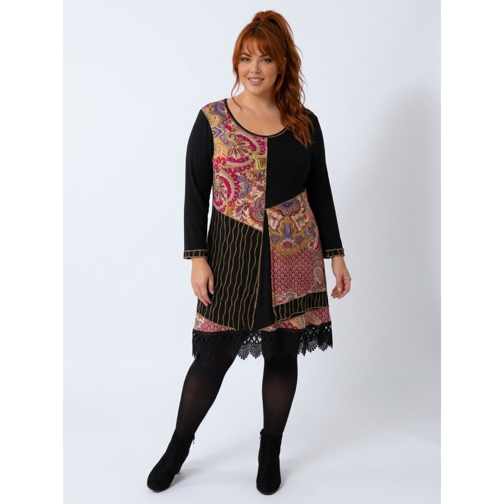 Whimsy Lagenlook Medium Dress Black Paisley Patchwork Lace Trim Boho Art to Wear